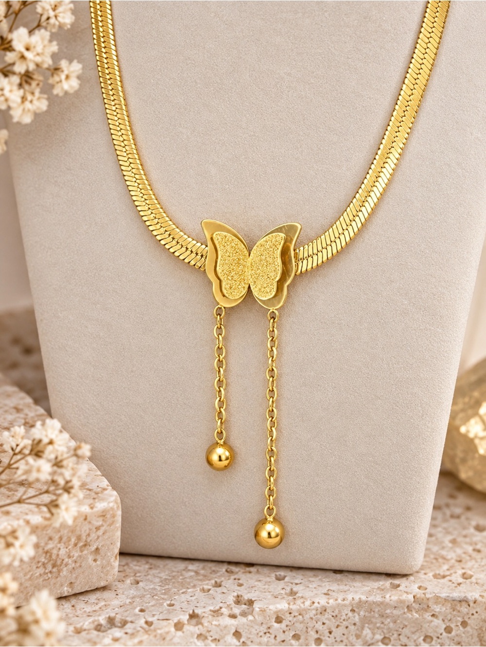 Gold Tone Butterfly Herringbone Necklace with Tassel Dangles Boho Chic